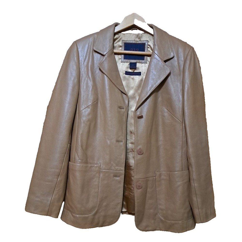 212 America Women's Small Tan Genuine Leather Button Up Jacket Coat Casual Lined